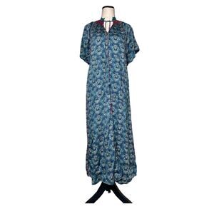 Natural Life Maxi Boho Front Slit knit embroidery tie neck Geo print Dress M